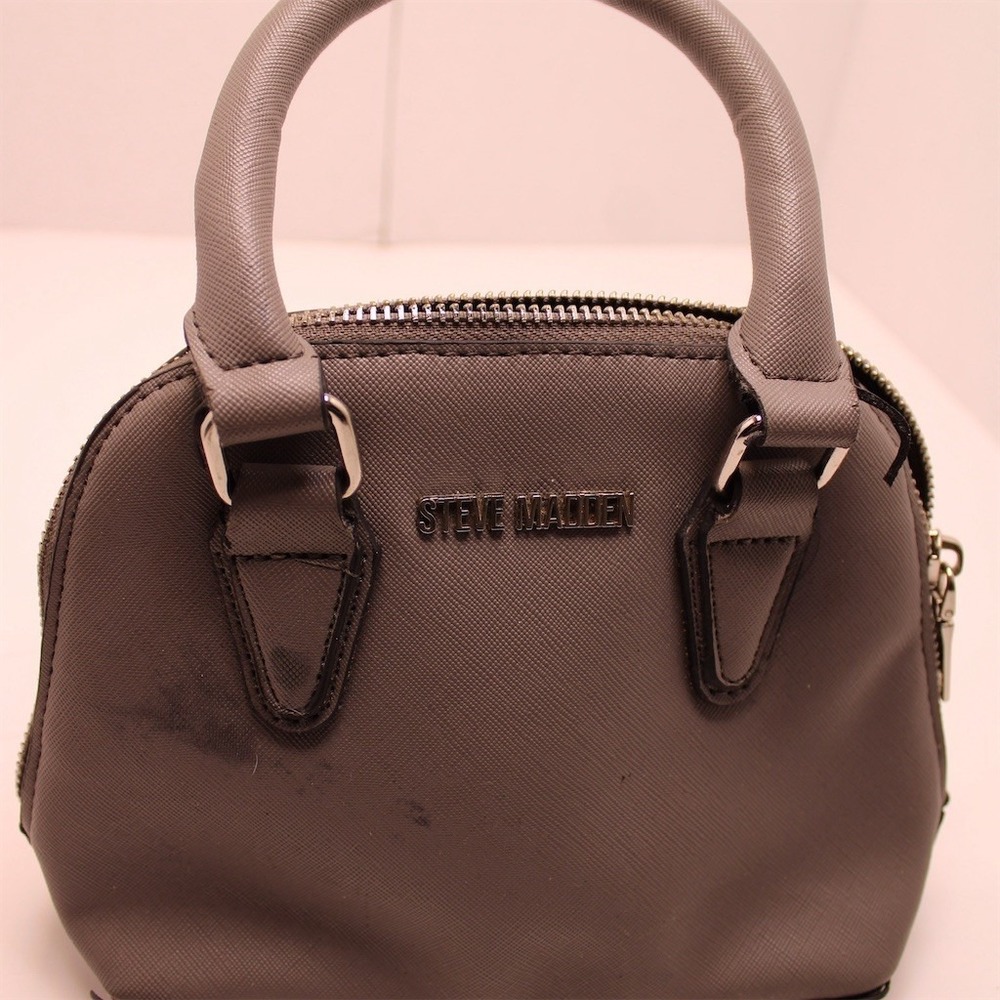 Steve Madden Mini Satchel Handbag Womens Gray Zip Top Logo Structured